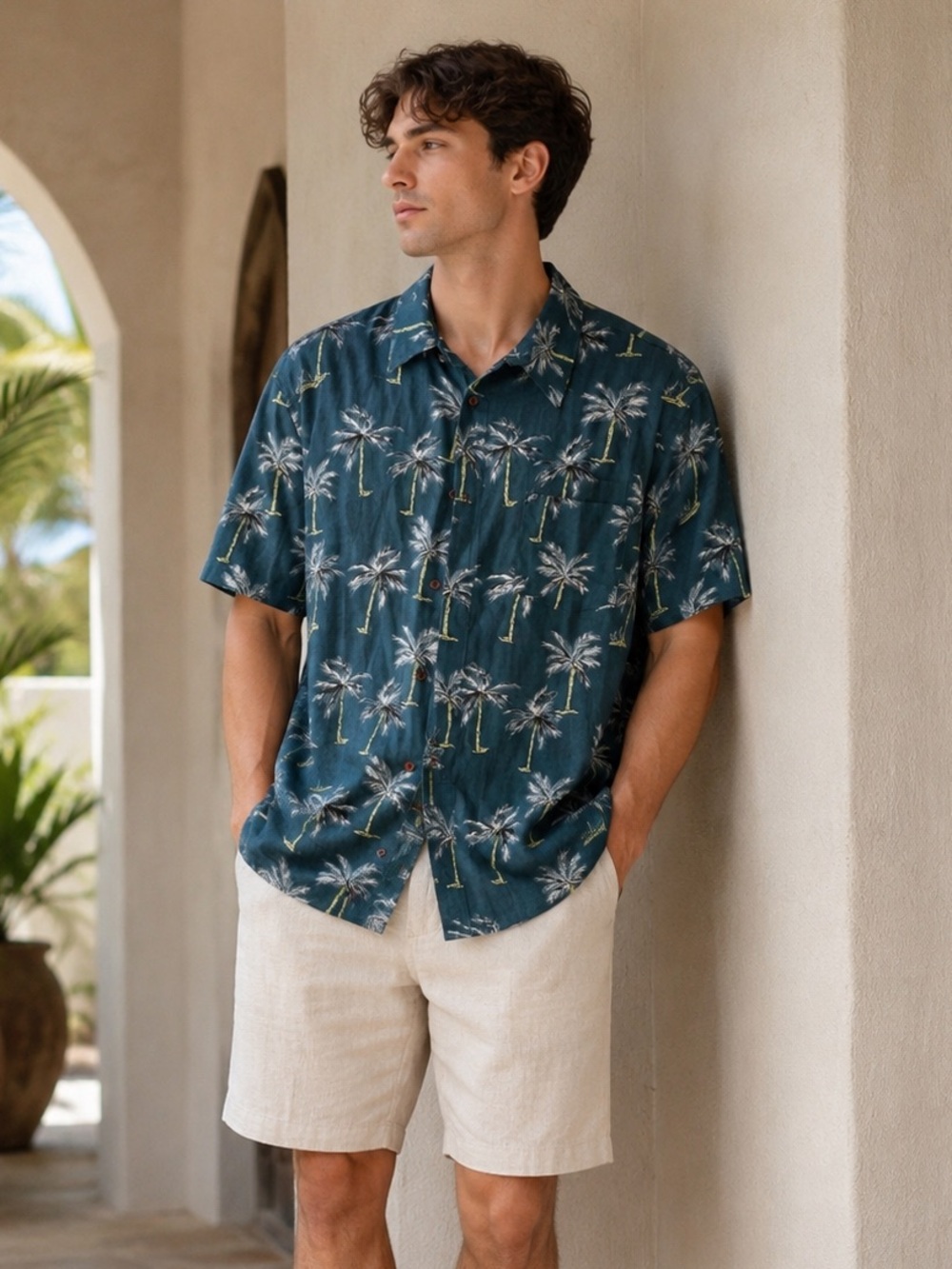 Kiko Bay Mens Linen Tropical Palm Tree Hawaiian Camp Button Down Shirt Blue M